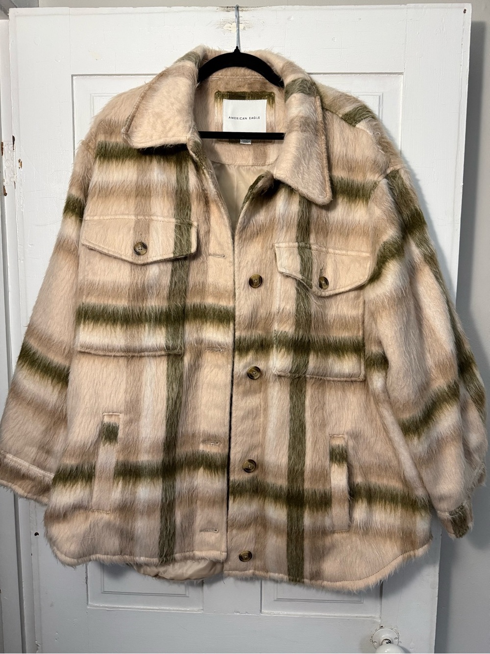 American Eagle Outfitters Cream and Olive Plaid Teddy Jacket